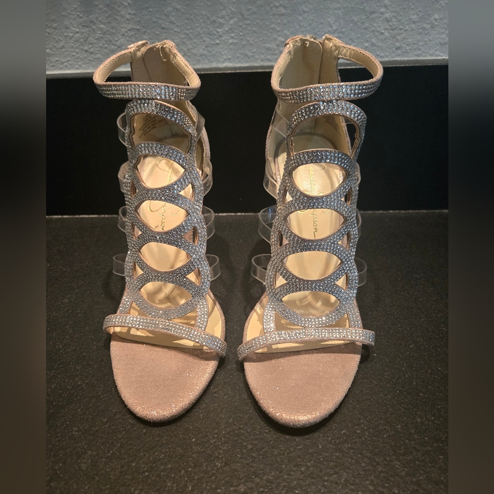 SALE STUNNING JESSICA SIMPSON Elegant Women's Strappy Heels - Silver Tan Jewels